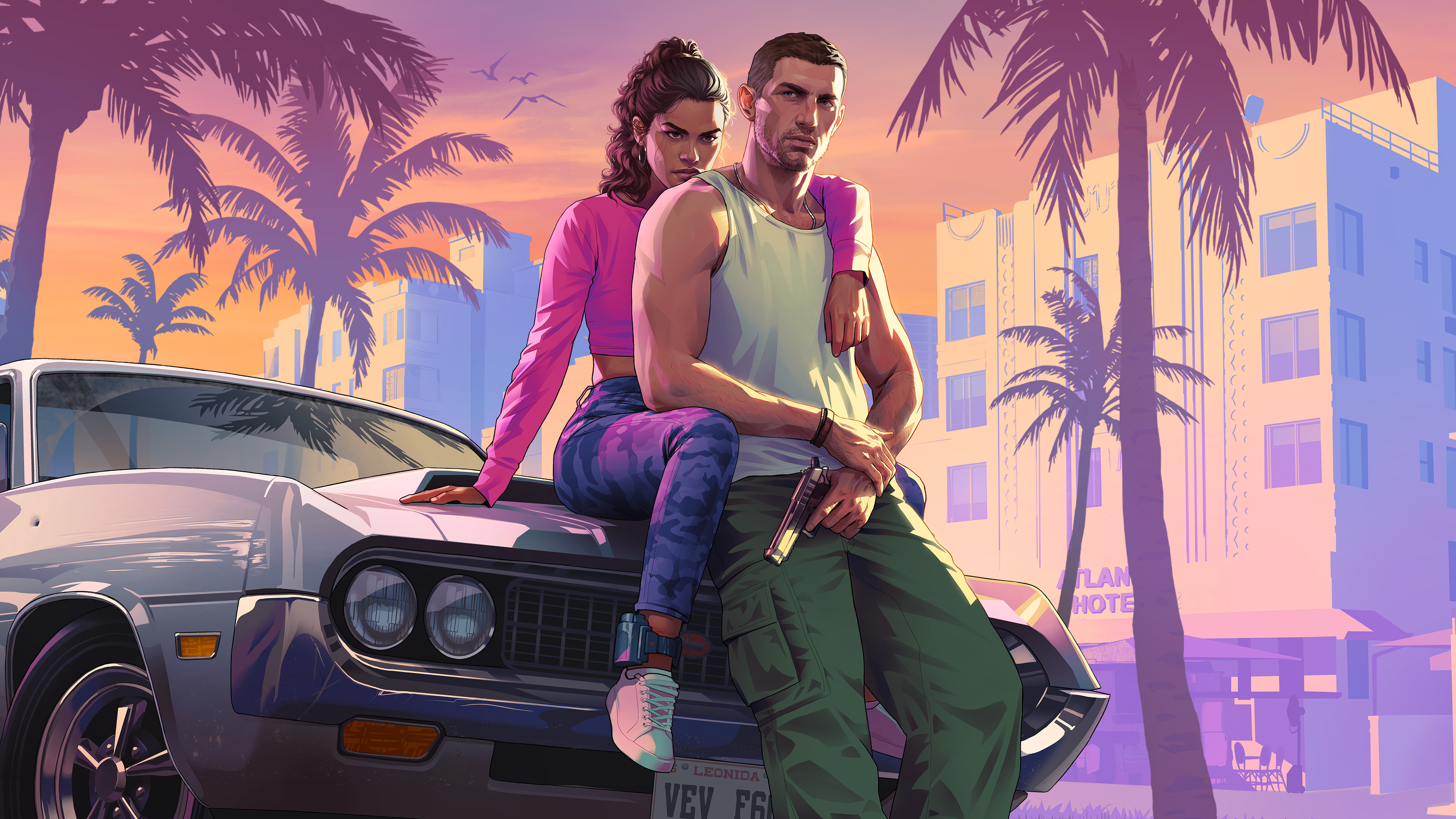 Lucia und Jason lehnen an einem Fahrzeug in Vice City, im Hintergrund Palmen und Neonlichter.