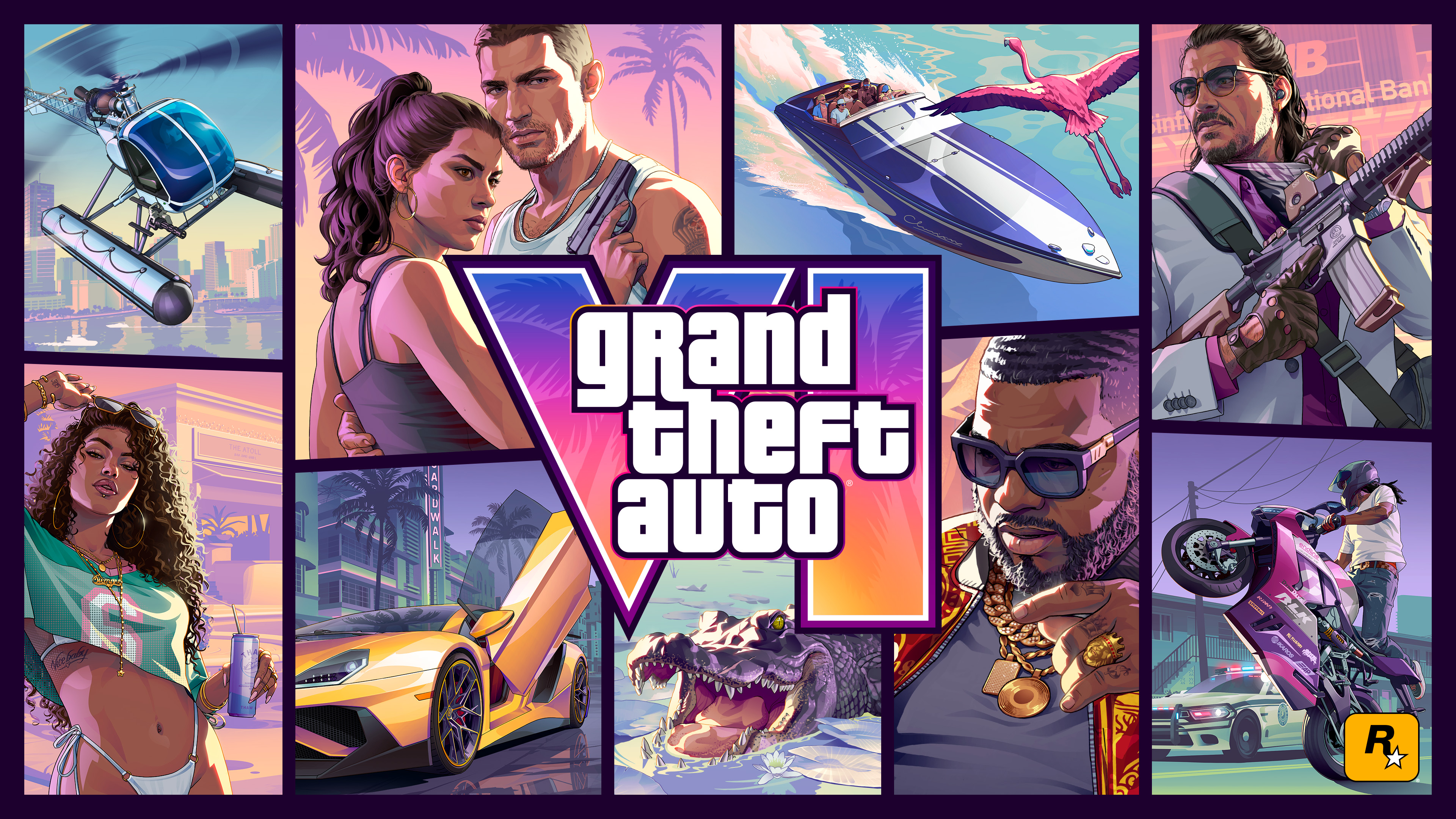 Offizielles Cover-Artwork zu GTA VI mit Lucia und Jason vor der Skyline von Vice City.