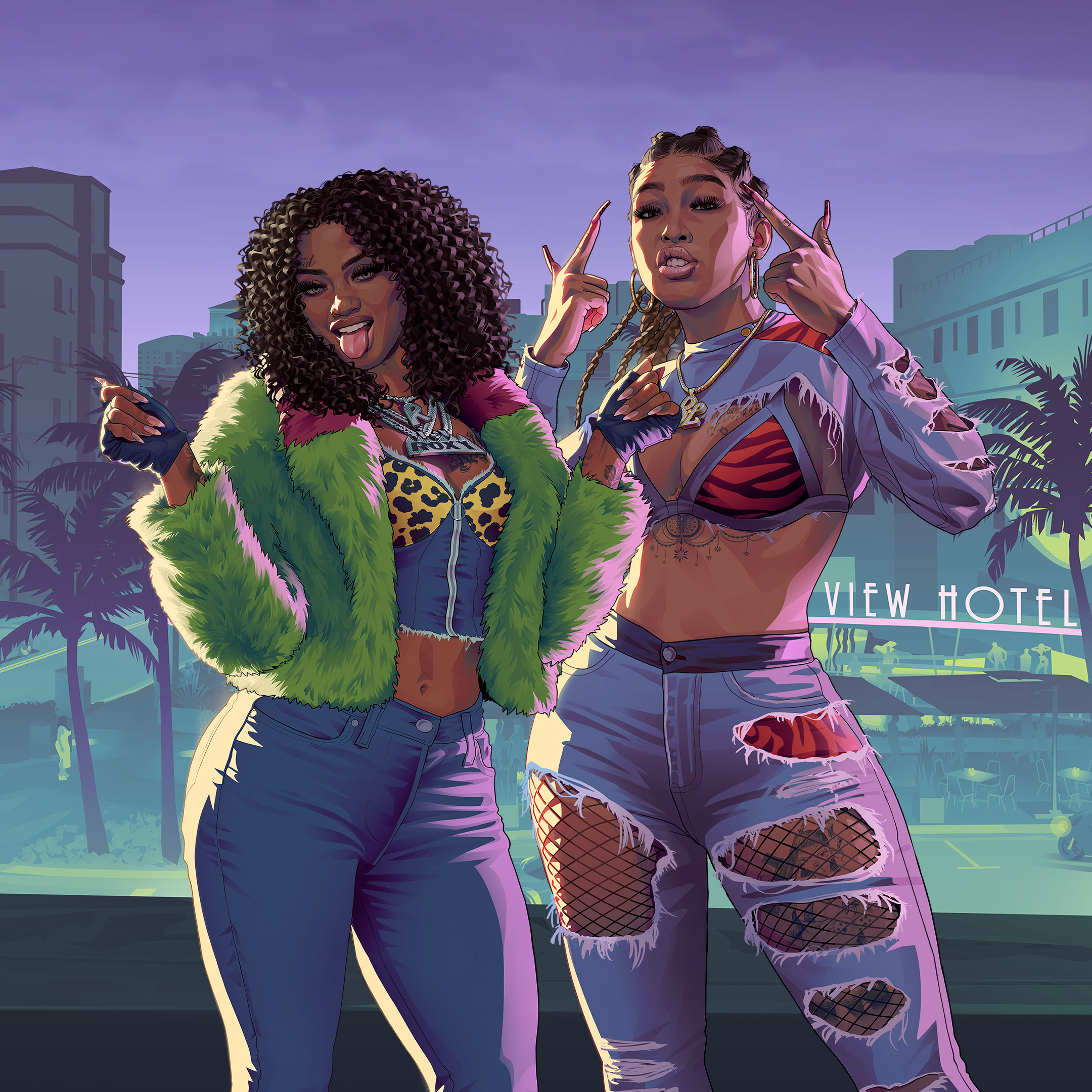 Real Dimez posieren gemeinsam vor einer Kulisse aus Vice City.